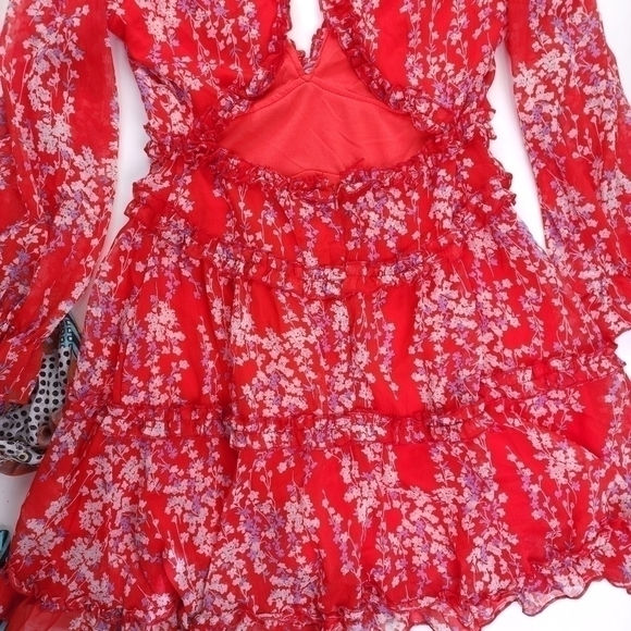 Red Pink Floral Boho Gorgeous Keyhole Back Dress Size M - Picture 13 of 14